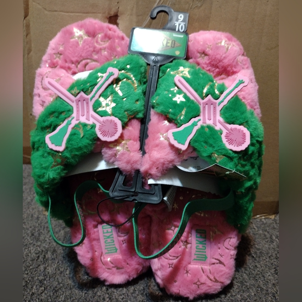 Wicked Pink and Green Fuzzy Slippers